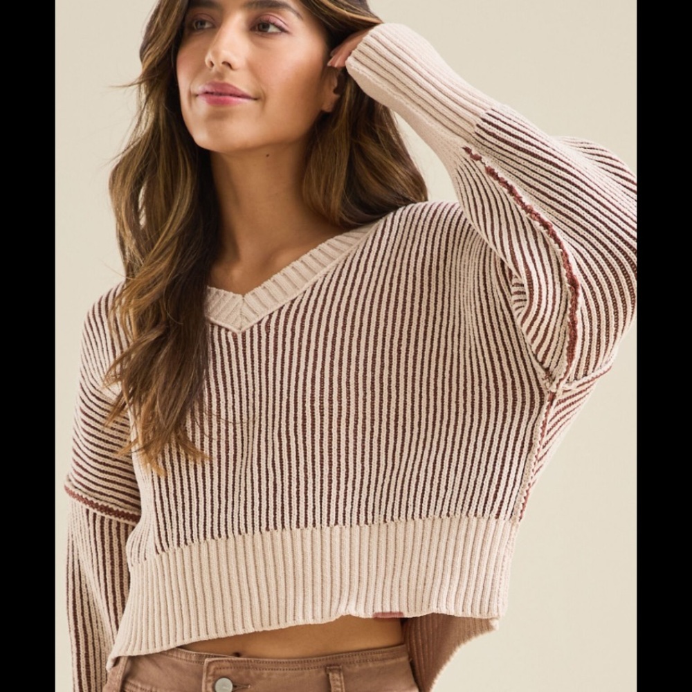 Altar'd State Cream Brown Fiora Matte Chenille Brown Cropped oversized Sweater